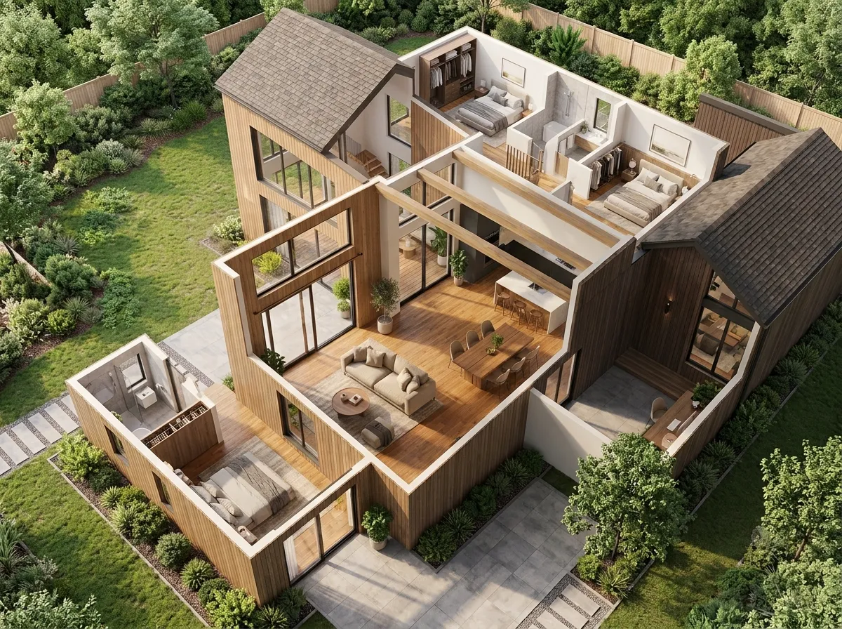 Top, isometric, and aerial views of a 3D floor plan